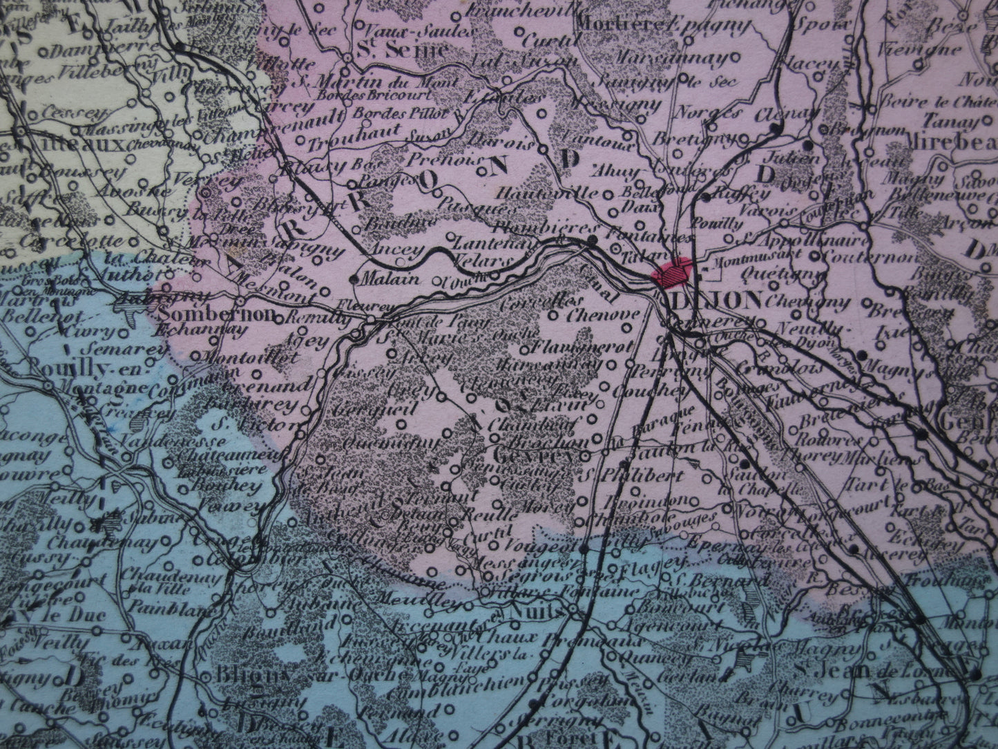 Oude kaart van Côte-d'Or departement in Frankrijk uit 1882 originele antieke handgekleurde landkaart Dijon Beaune vintage print