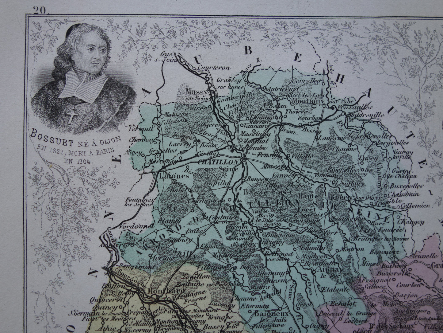 Oude kaart van Côte-d'Or departement in Frankrijk uit 1882 originele antieke handgekleurde landkaart Dijon Beaune vintage print