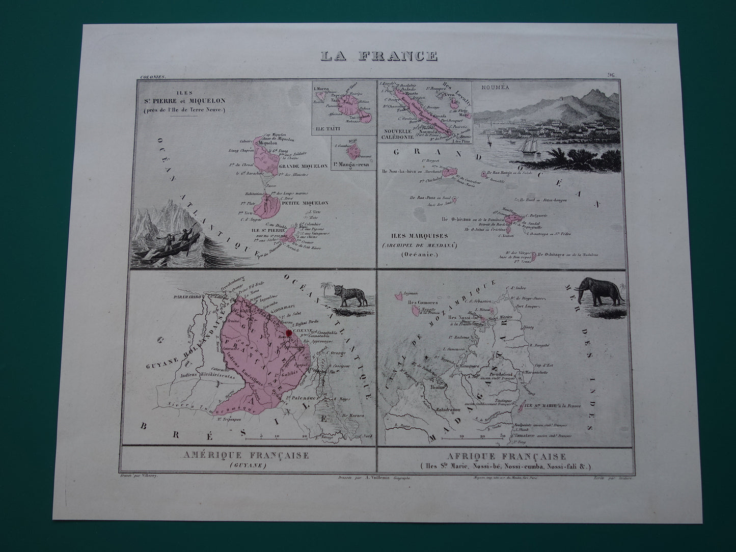 Oude kaarten van Saint-Pierre en Miquelon Frans-Guyana Marquesas Eilanden uit 1883 Originele antieke landkaart
