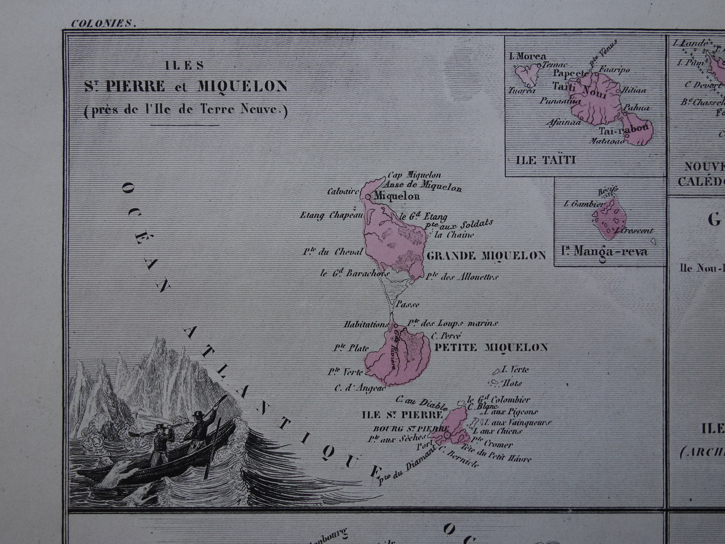 Oude kaarten van Saint-Pierre en Miquelon Frans-Guyana Marquesas Eilanden uit 1883 Originele antieke landkaart