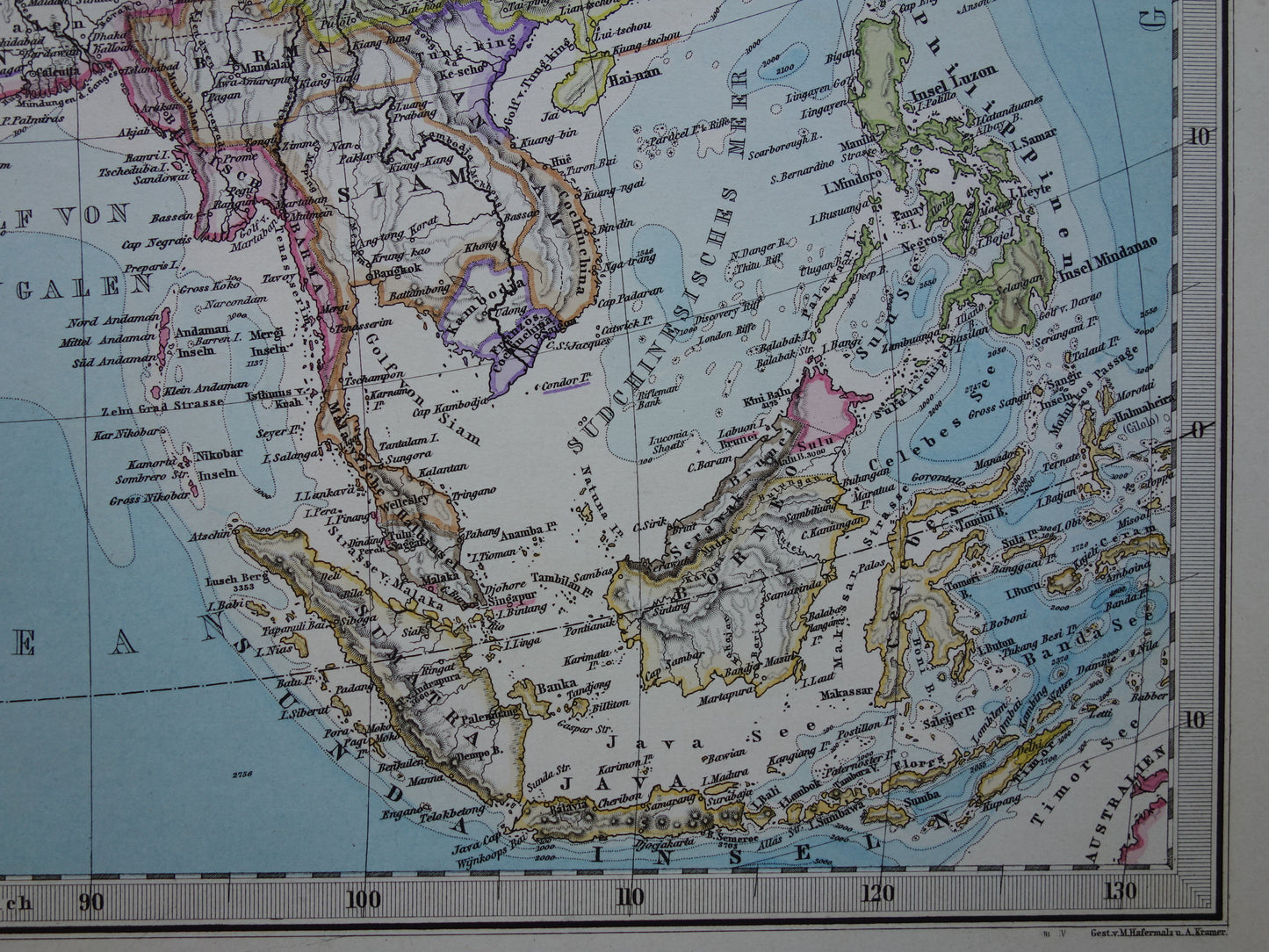 AZIË oude kaart van Azië in 1885 originele antieke Duitse landkaart China India Indonesië vintage poster