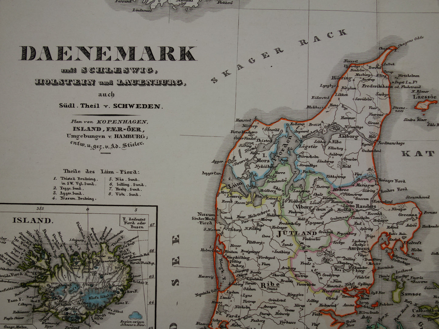 DENEMARKEN oude kaart van Denemarken uit 1860 originele antieke landkaart Kopenhagen vintage met jaartal