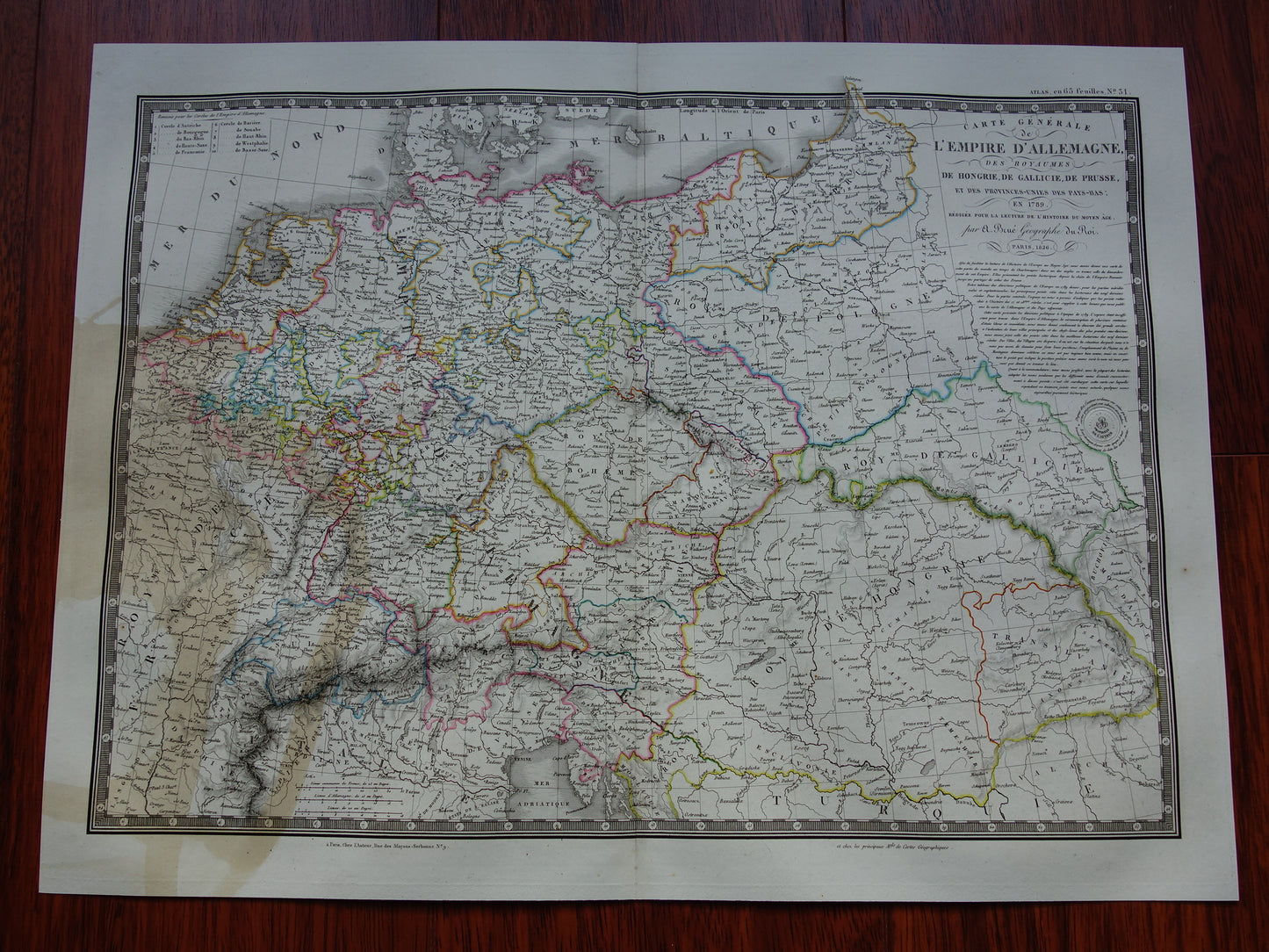 DUITSLAND grote oude Franse kaart van Duitse Rijk in 1789 beschadigde originele antieke handgekleurde landkaart poster uit 1826
