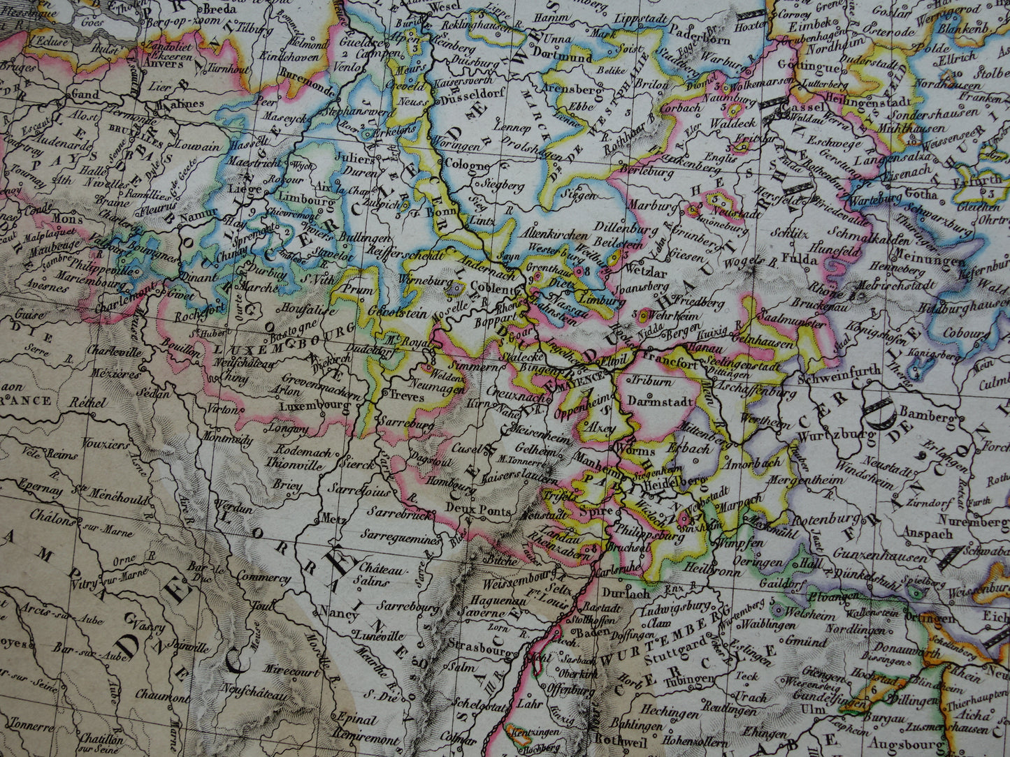 DUITSLAND grote oude Franse kaart van Duitse Rijk in 1789 beschadigde originele antieke handgekleurde landkaart poster uit 1826