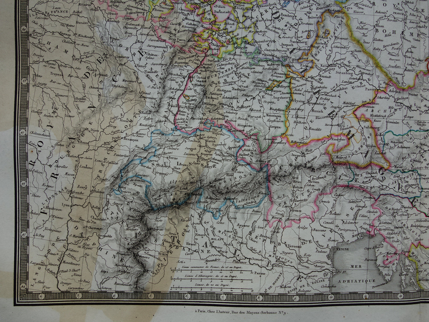 DUITSLAND grote oude Franse kaart van Duitse Rijk in 1789 beschadigde originele antieke handgekleurde landkaart poster uit 1826