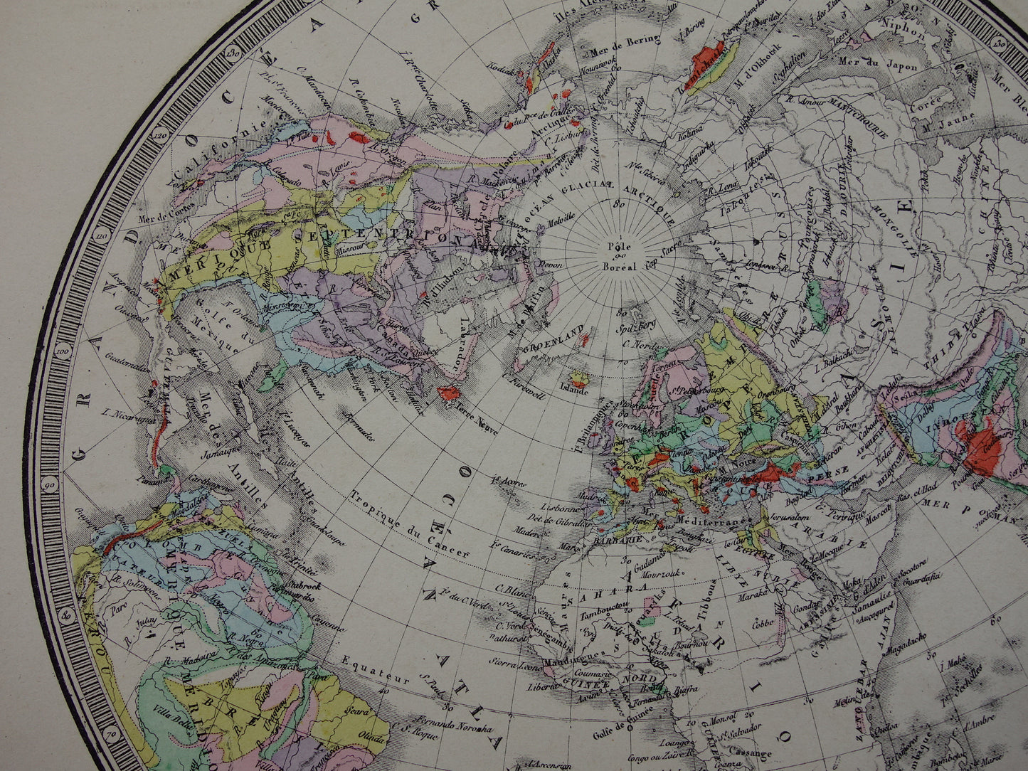 Oude wereldkaart uit 1876 originele grote Franse antieke landkaart van de wereld - vintage historische kaart