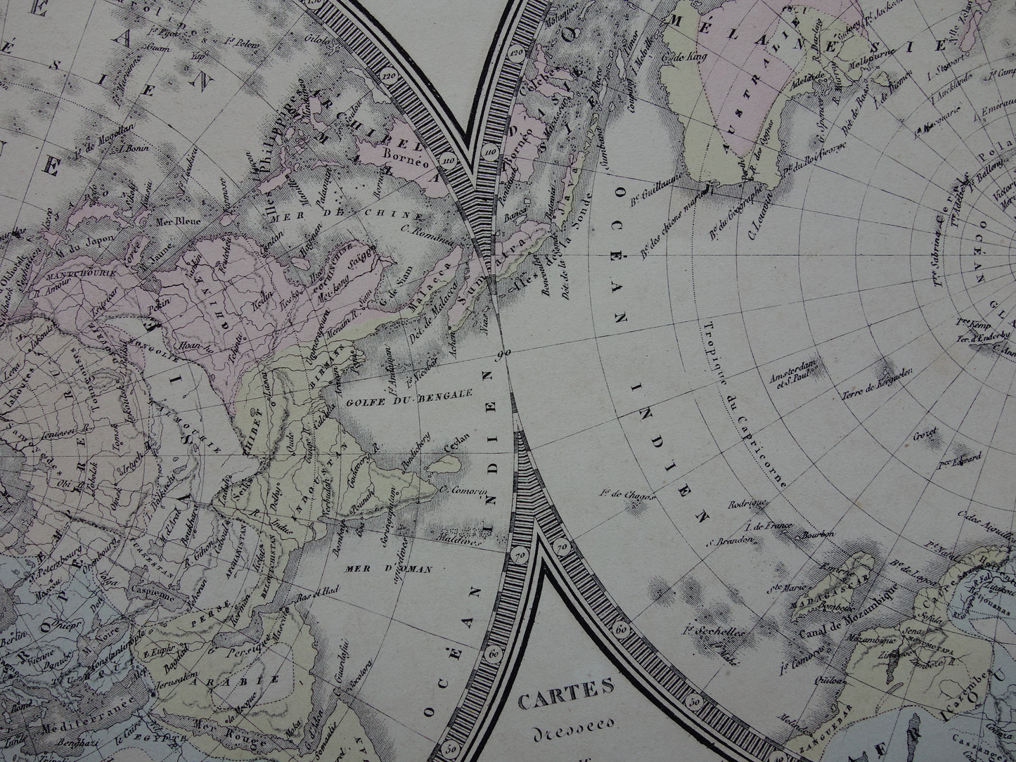 Oude wereldkaart uit 1876 originele grote Franse antieke landkaart van de wereld - vintage historische kaart