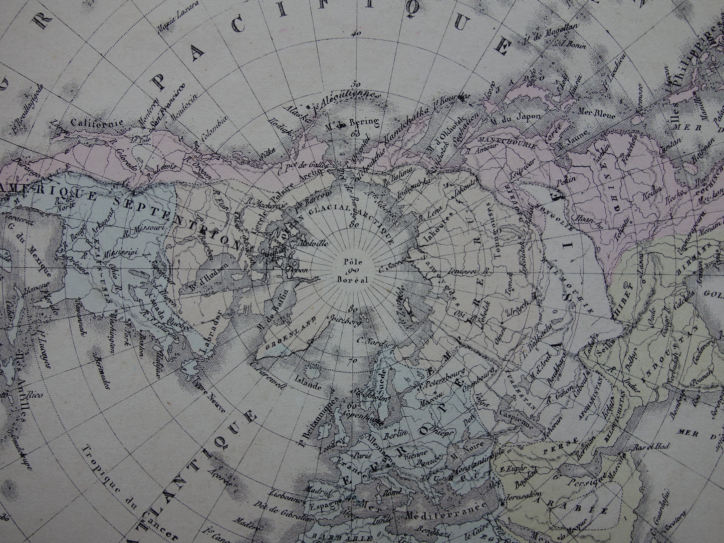 Oude wereldkaart uit 1876 originele grote Franse antieke landkaart van de wereld - vintage historische kaart