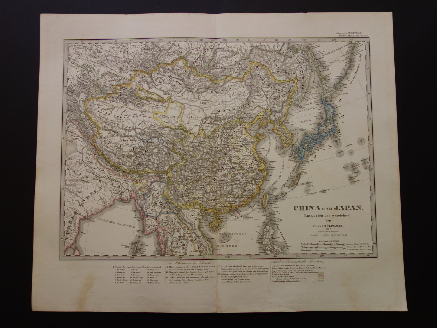 CHINA oude Duitse kaart van China en Japan in 1863 - originele antieke landkaart vintage poster Azië