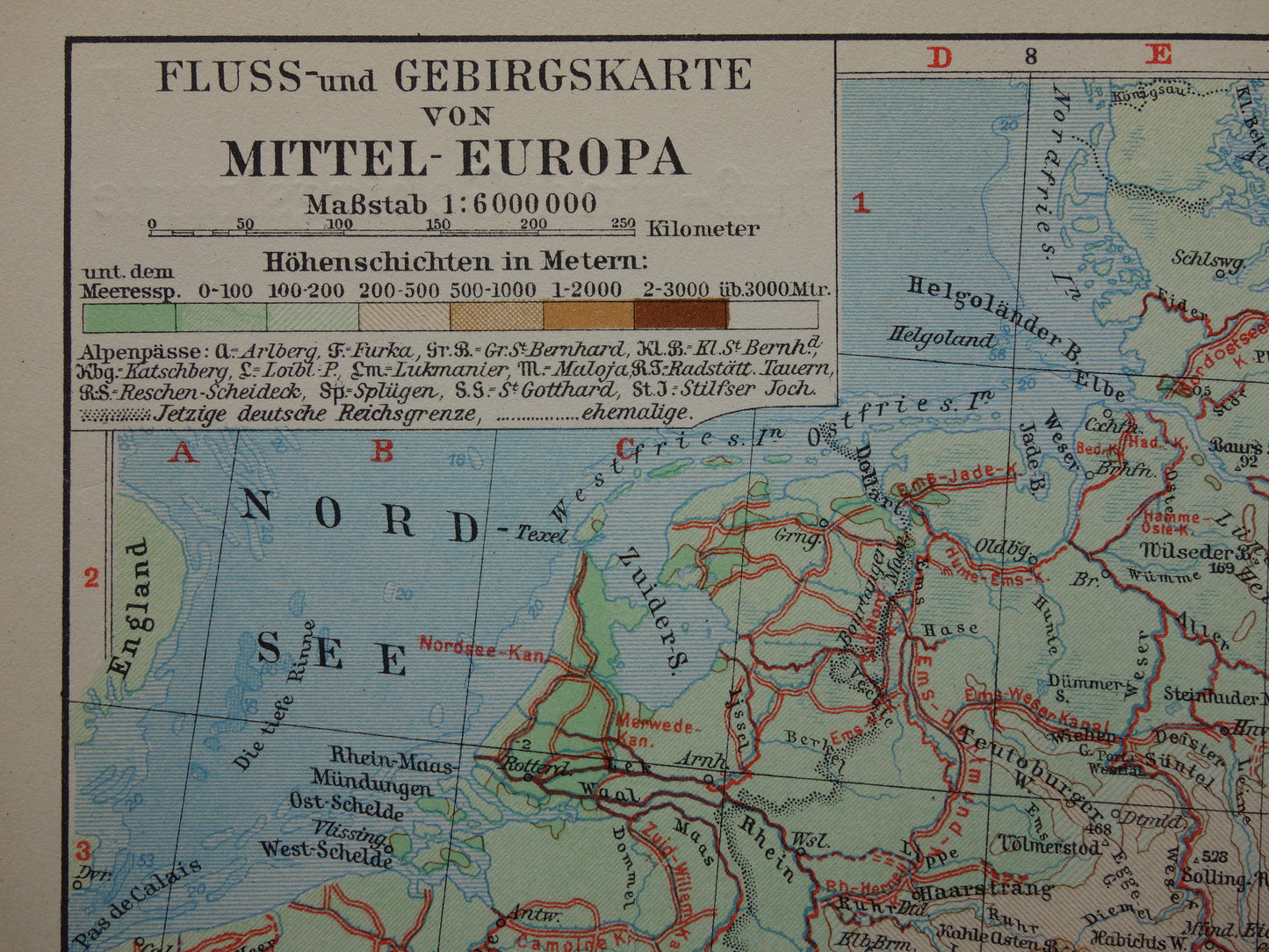 Oude kaart van Centraal Europa en Duitsland uit 1928 originele antieke hoogtekaart Alpen Bergen Rivieren Geologie te koop