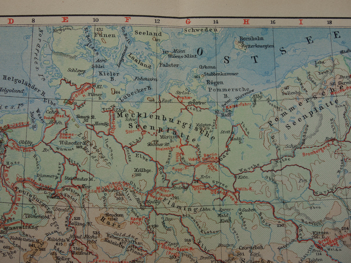 Oude kaart van Centraal Europa en Duitsland uit 1928 originele antieke hoogtekaart Alpen Bergen Rivieren Geologie te koop