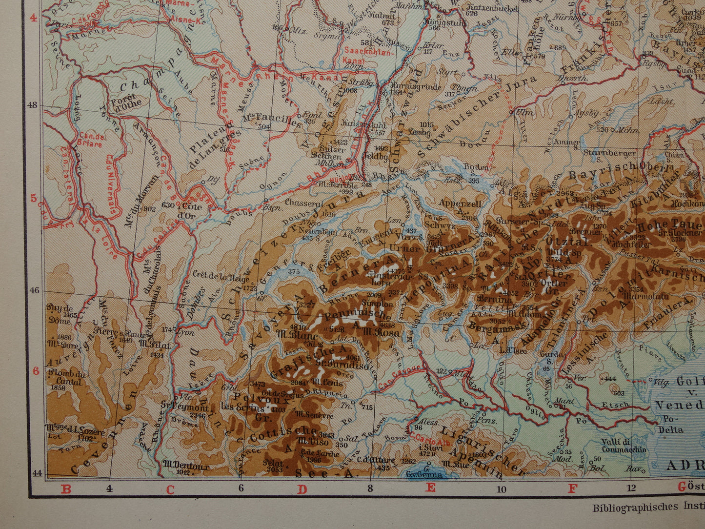 Oude kaart van Centraal Europa en Duitsland uit 1928 originele antieke hoogtekaart Alpen Bergen Rivieren Geologie te koop