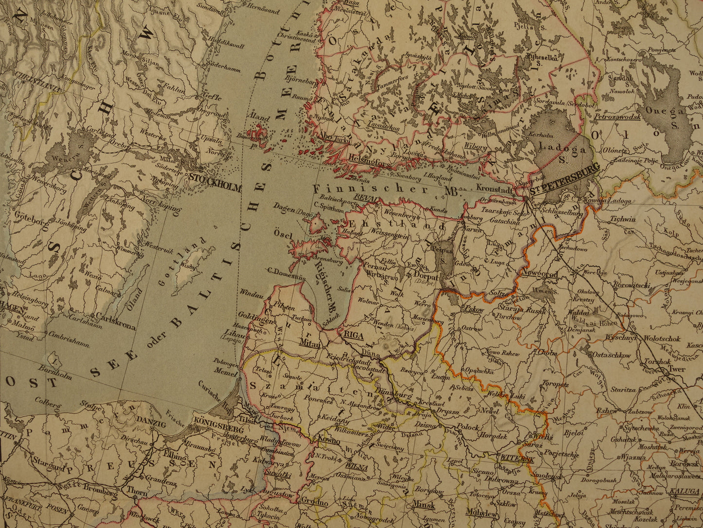 Grote antieke landkaart van Europees Rusland met Kaukasus Polen Baltische Staten Finland in 1856 originele oude kaart
