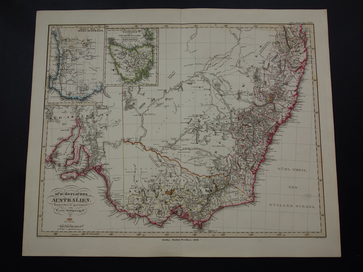 AUSTRALIE grote oude kaart van zuidoost Australië in 1859 originele antieke Duitse landkaart - vintage landkaarten