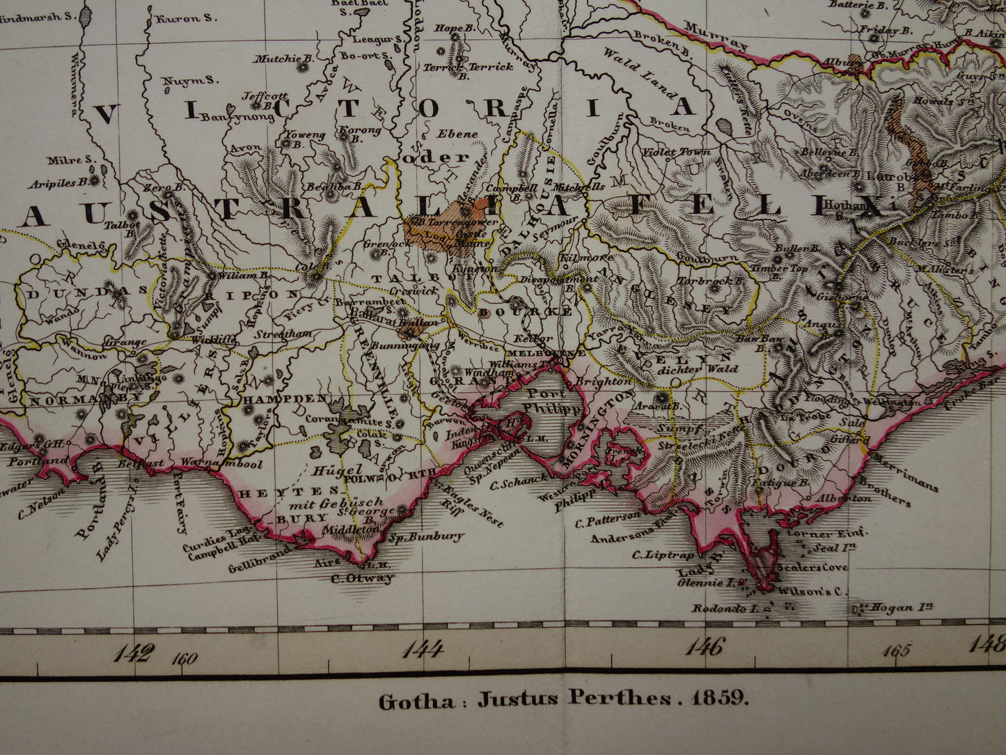 AUSTRALIE grote oude kaart van zuidoost Australië in 1859 originele antieke Duitse landkaart - vintage landkaarten