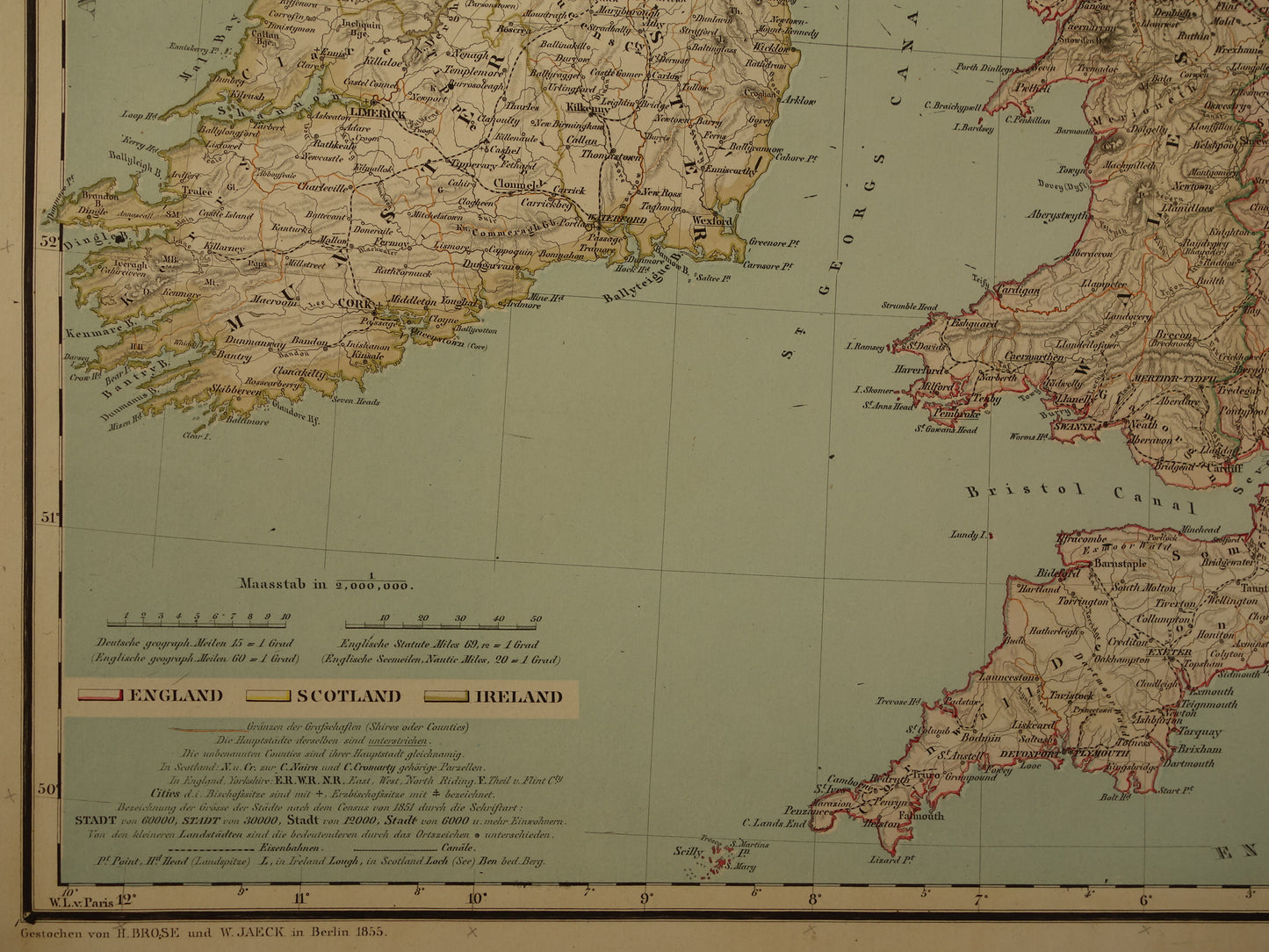 Grote landkaart van Engeland Wales Schotland en Ierland in 1855 originele antieke kaart vintage poster met jaartal