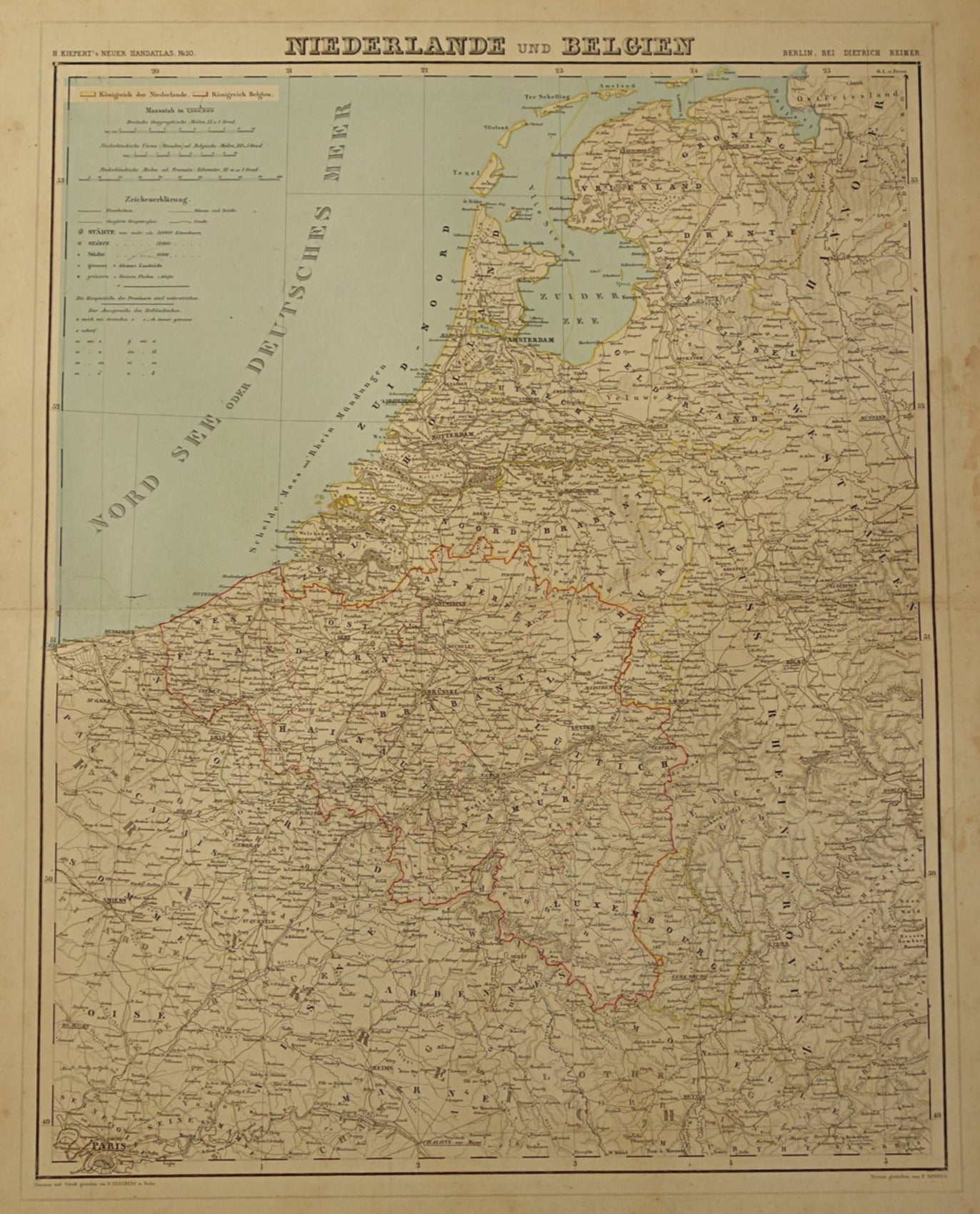 Oude landkaart van Nederland en België uit 1860 originele antieke grote handgekleurde kaart
