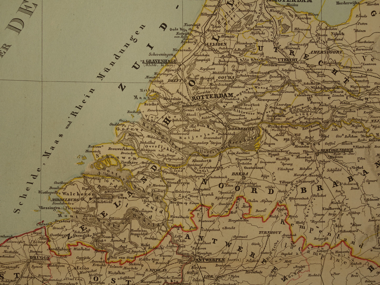 Alte Karte der Niederlande und Belgiens aus dem Jahr 1860, originale antike große handkolorierte Karte