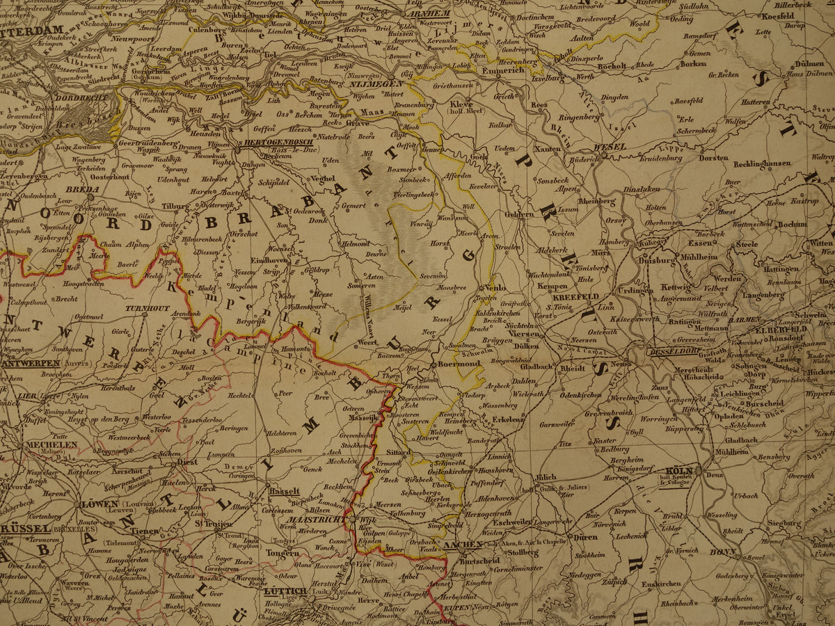 Alte Karte der Niederlande und Belgiens aus dem Jahr 1860, originale antike große handkolorierte Karte