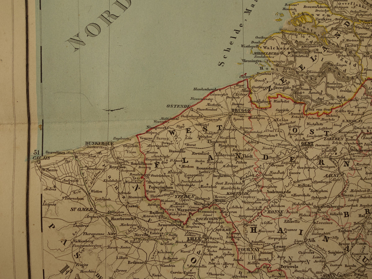 Alte Karte der Niederlande und Belgiens aus dem Jahr 1860, originale antike große handkolorierte Karte