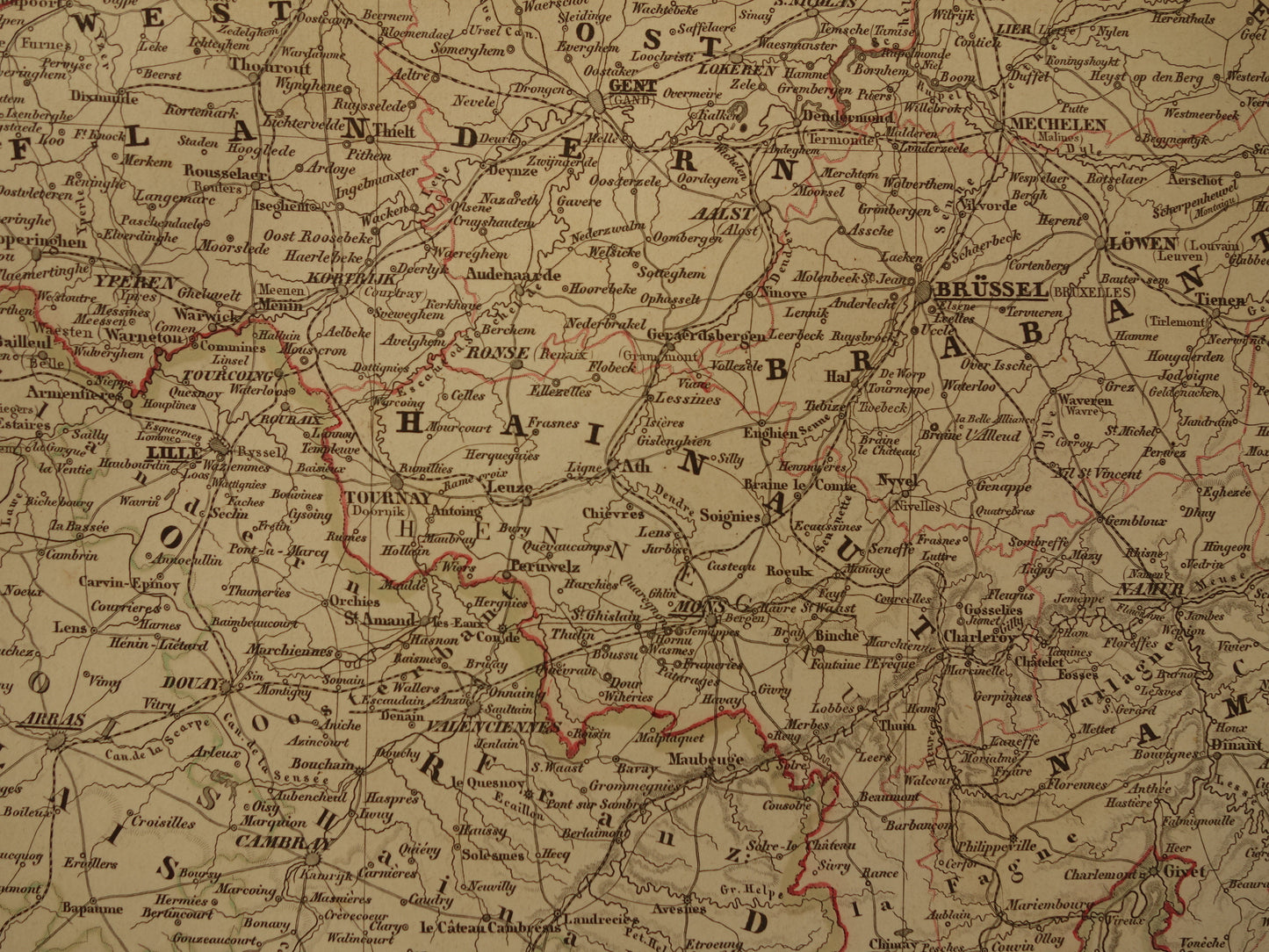 Alte Karte der Niederlande und Belgiens aus dem Jahr 1860, originale antike große handkolorierte Karte