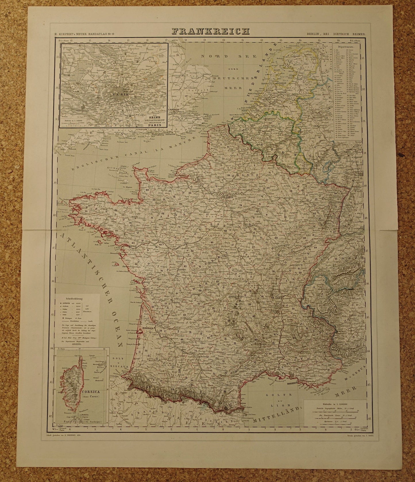 Antieke kaart van Frankrijk in 1856 originele oude landkaart poster met jaartal/datum Parijs groot formaat