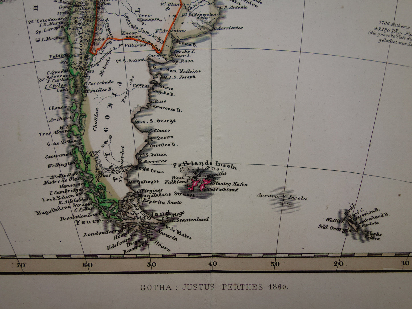 ZUID-AMERIKA Oude kaart van Zuid-Amerikaans continent in 1860 originele antieke Duitse handgekleurde landkaart poster Brazilië Patagonië Chili met jaartal
