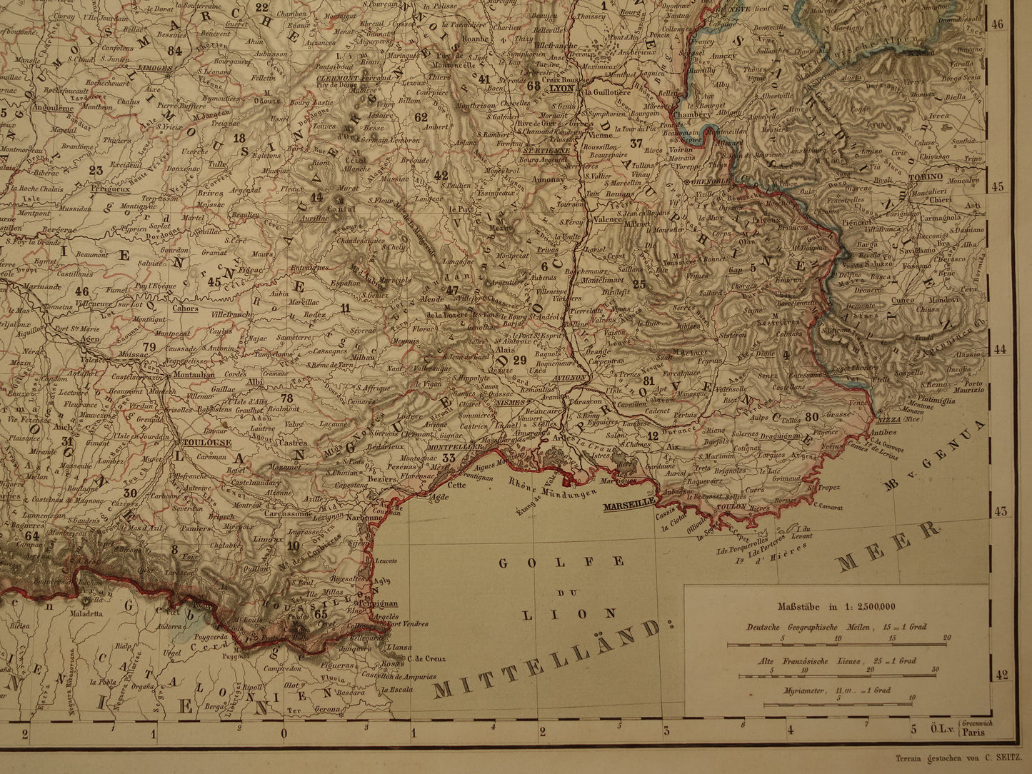 Antieke kaart van Frankrijk in 1856 originele oude landkaart poster met jaartal/datum Parijs groot formaat