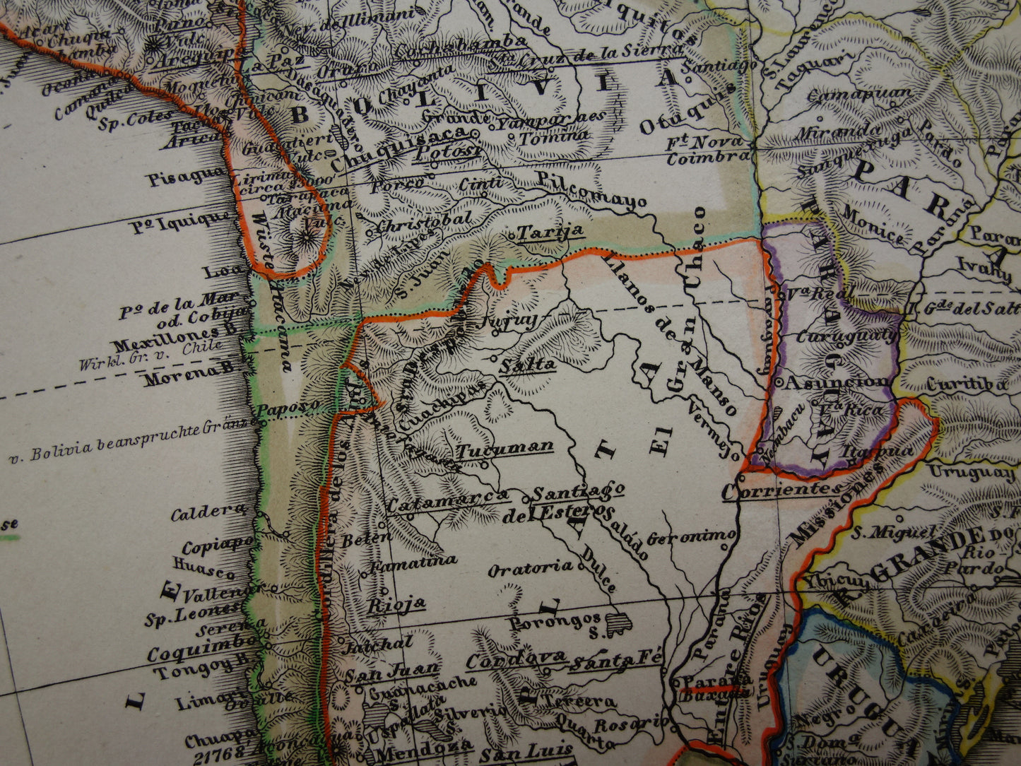 ZUID-AMERIKA Oude kaart van Zuid-Amerikaans continent in 1860 originele antieke Duitse handgekleurde landkaart poster Brazilië Patagonië Chili met jaartal