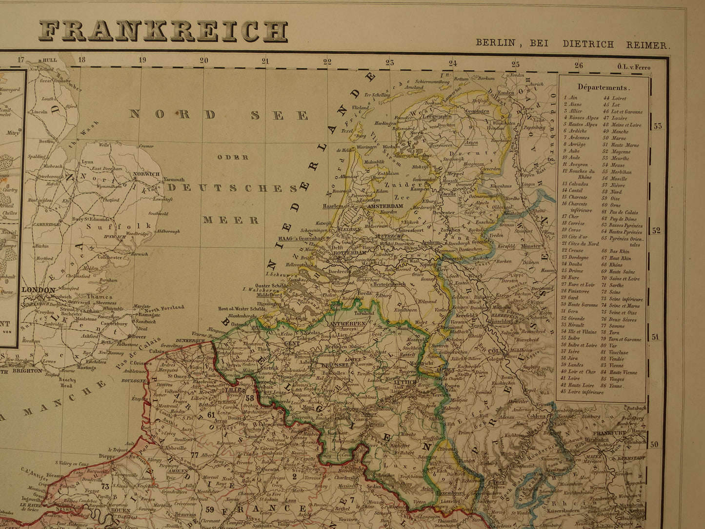 Antieke kaart van Frankrijk in 1856 originele oude landkaart poster met jaartal/datum Parijs groot formaat