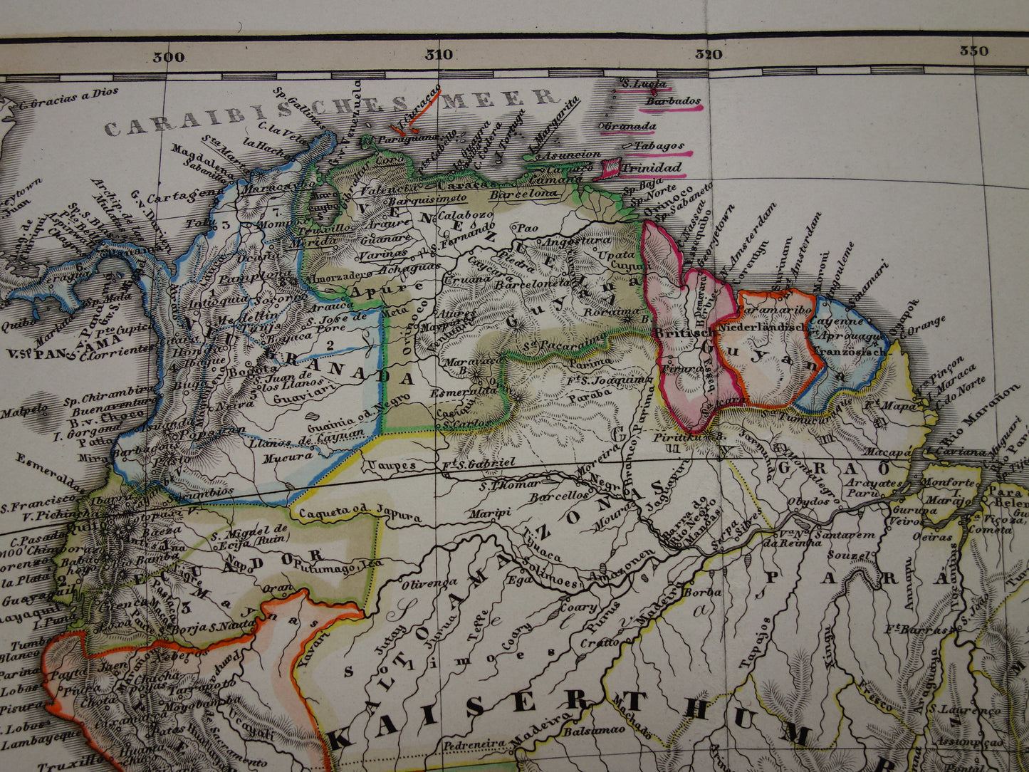 ZUID-AMERIKA Oude kaart van Zuid-Amerikaans continent in 1860 originele antieke Duitse handgekleurde landkaart poster Brazilië Patagonië Chili met jaartal