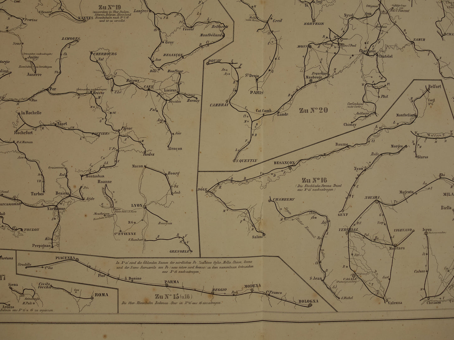 Antieke kaart uit 1860 van 'recente' spoorwegen spoorlijnen in Europa Nederland originele 160+ jaar oude landkaart spoorkaart Rotterdam-Utrecht