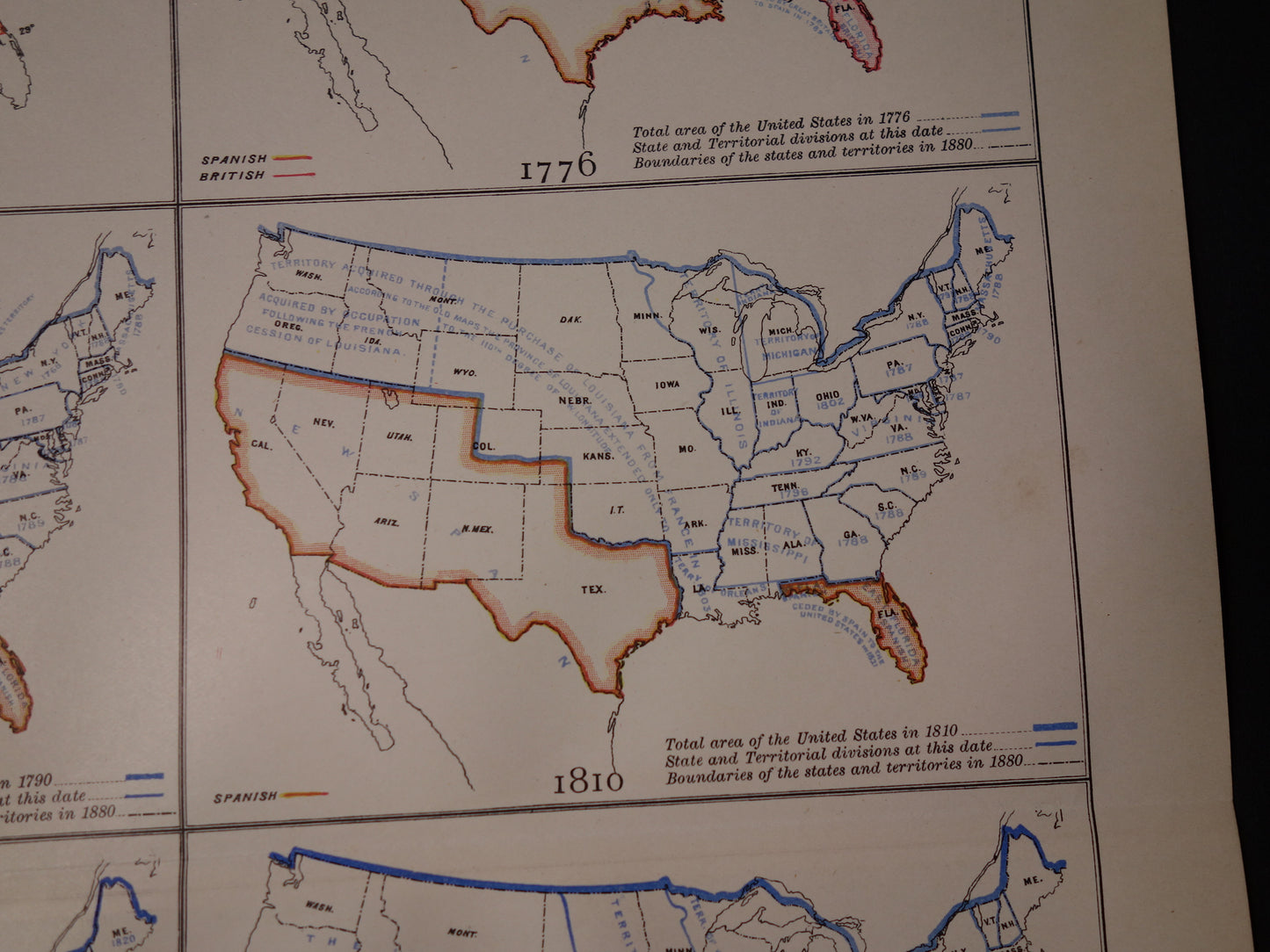 VERENIGDE STATEN Antieke kaarten over de ontstaansgeschiedenis van de VS 1888 originele oude geschiedenis print/poster ontstaan en uitbreiding VS tussen 1776 en 1860VS