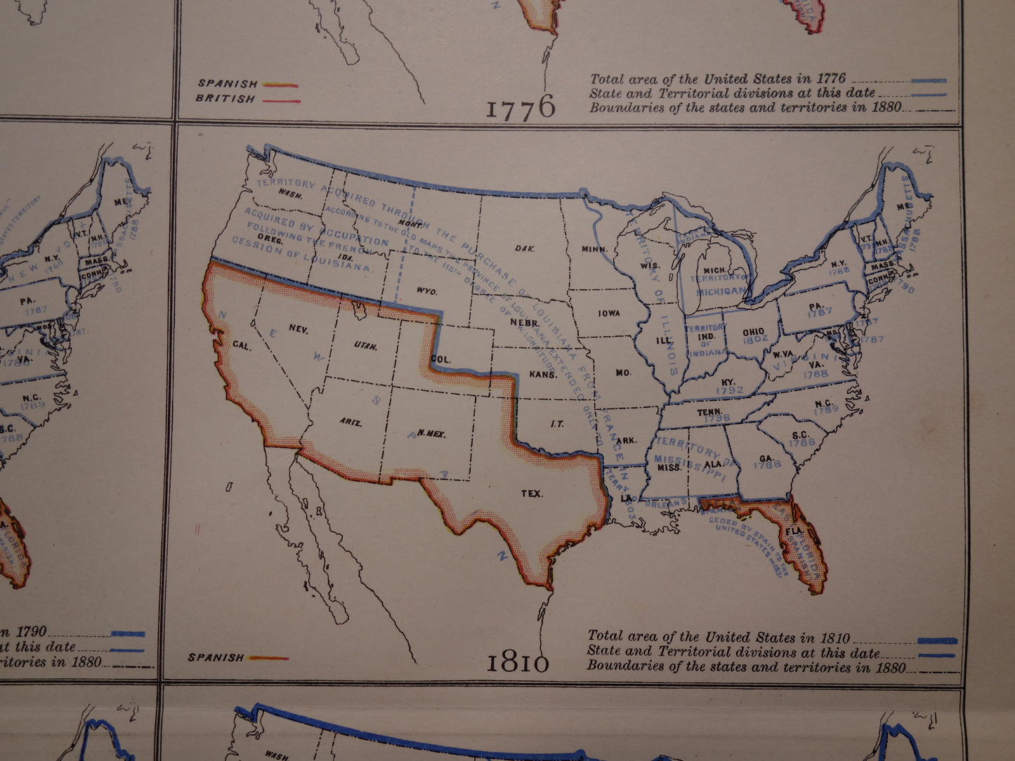 VERENIGDE STATEN Antieke kaarten over de ontstaansgeschiedenis van de VS 1888 originele oude geschiedenis print/poster ontstaan en uitbreiding VS tussen 1776 en 1860VS