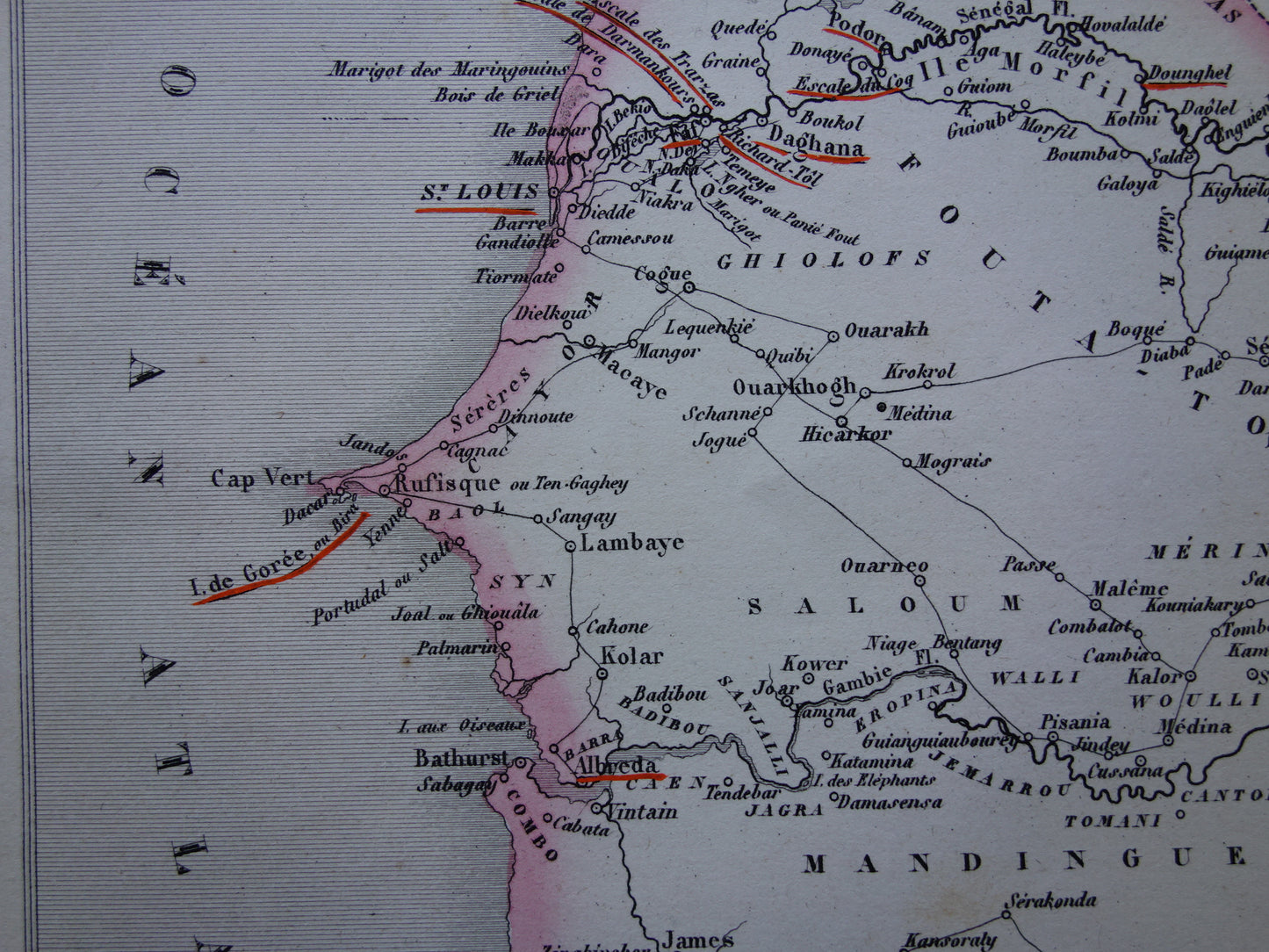 Senegal Oude kaart van Senegal uit 1851 Originele antieke landkaart Gorée Dakar