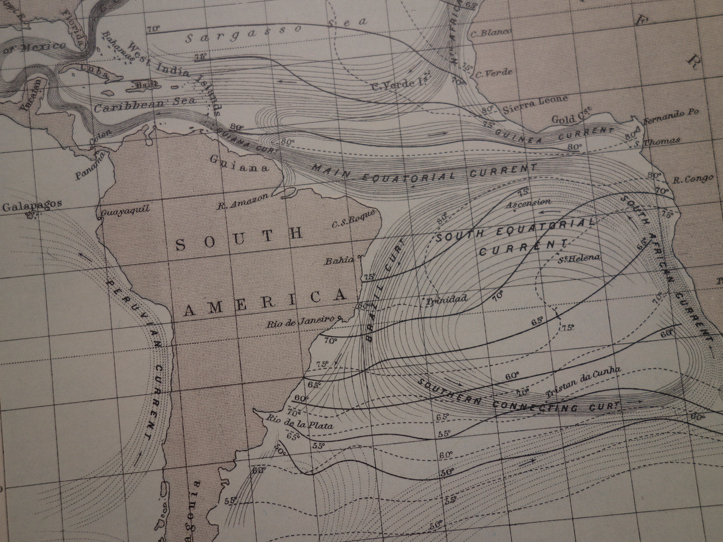 Oude kaart van de Atlantische Oceaan Originele 140+ jaar oude antieke Engelse landkaart