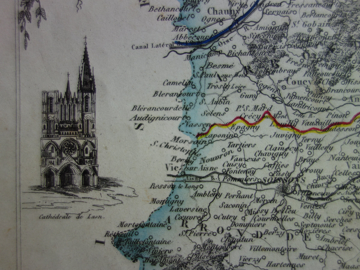 Alte Karte des Départements Aisne in Frankreich aus dem Jahr 1851, originale antike handkolorierte Karte von Laon Soissons Saint-Quentin