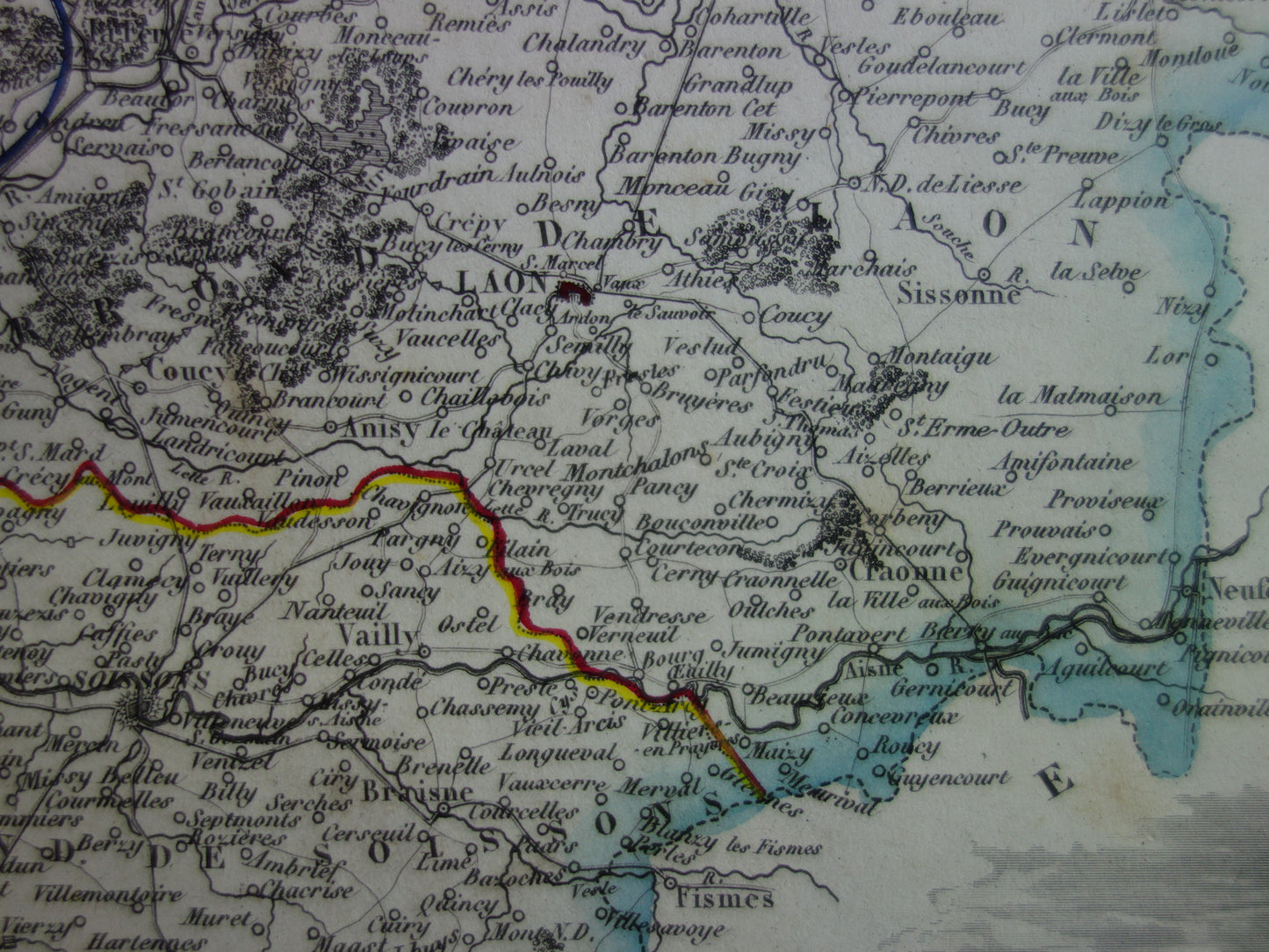 Oude kaart van AISNE departement in Frankrijk uit 1851 originele antieke handgekleurde landkaart Laon Soissons Saint-Quentin