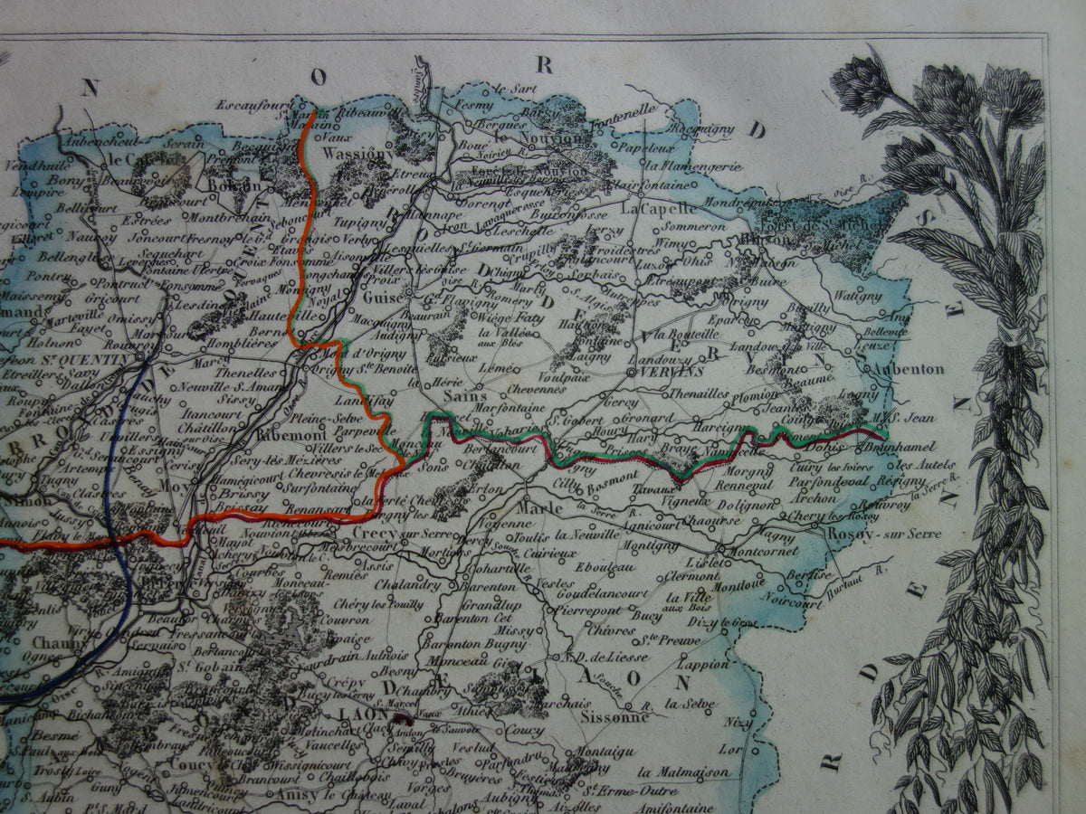 Alte Karte des Départements Aisne in Frankreich aus dem Jahr 1851, originale antike handkolorierte Karte von Laon Soissons Saint-Quentin