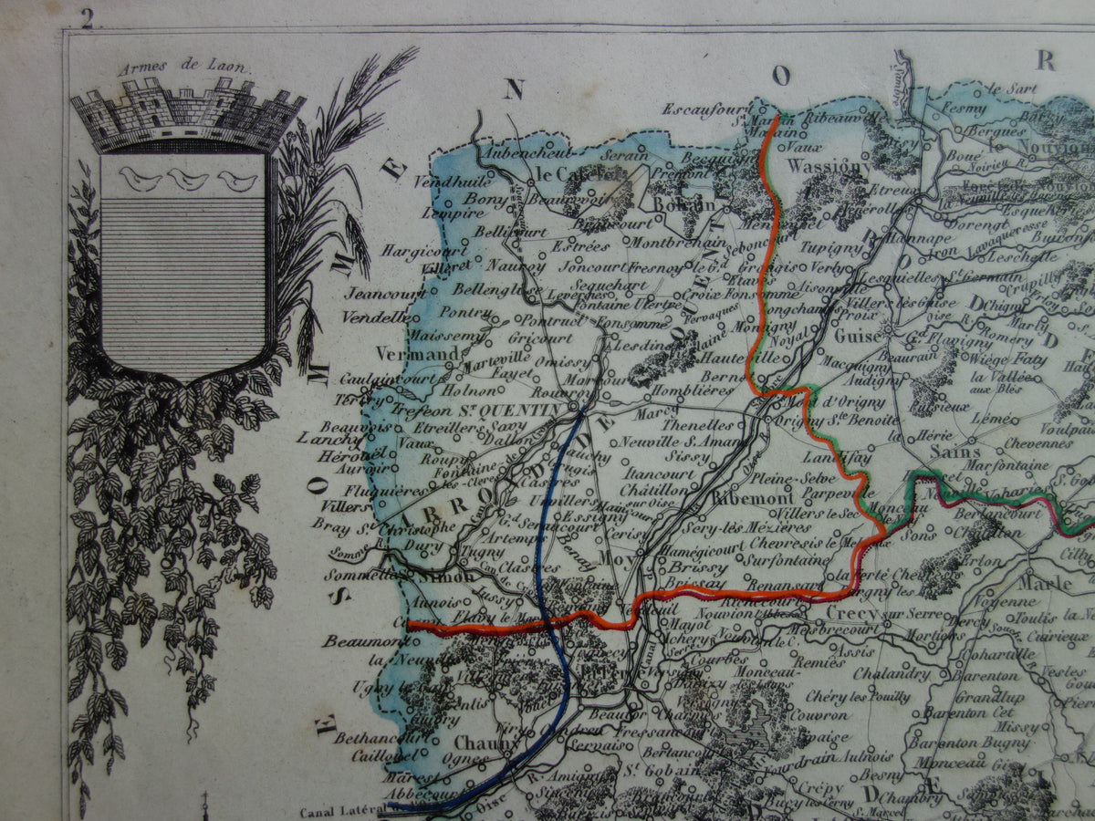 Alte Karte des Départements Aisne in Frankreich aus dem Jahr 1851, originale antike handkolorierte Karte von Laon Soissons Saint-Quentin