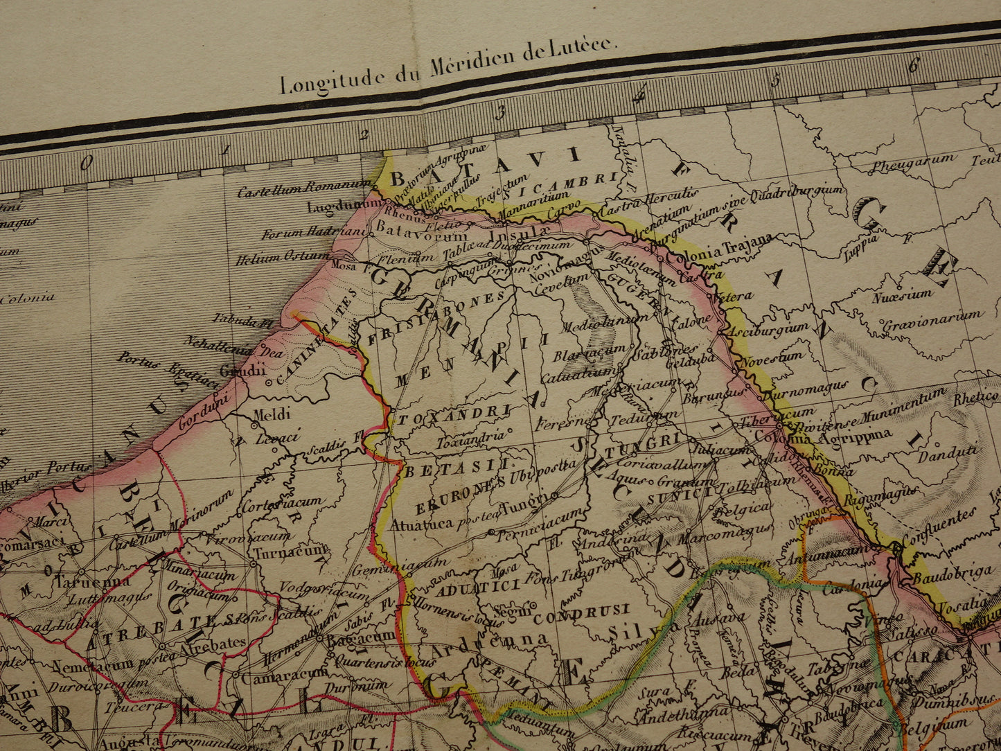 Limes oude historische landkaart van Romeinse Rijk in Nederland België en Frankrijk 1842 originele antieke kaart Gallië grens Rijn