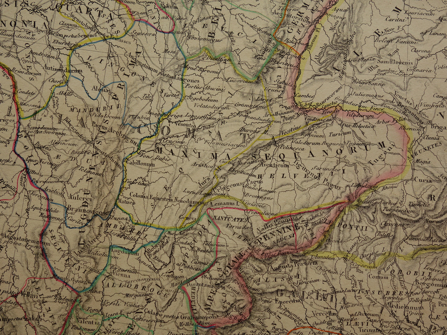 Limes oude historische landkaart van Romeinse Rijk in Nederland België en Frankrijk 1842 originele antieke kaart Gallië grens Rijn