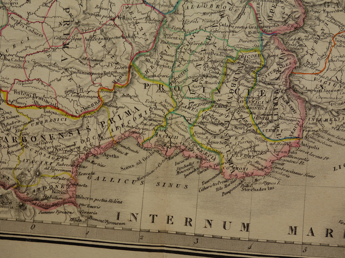 Limes oude historische landkaart van Romeinse Rijk in Nederland België en Frankrijk 1842 originele antieke kaart Gallië grens Rijn