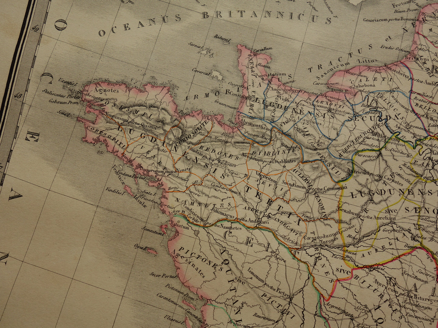 Limes oude historische landkaart van Romeinse Rijk in Nederland België en Frankrijk 1842 originele antieke kaart Gallië grens Rijn