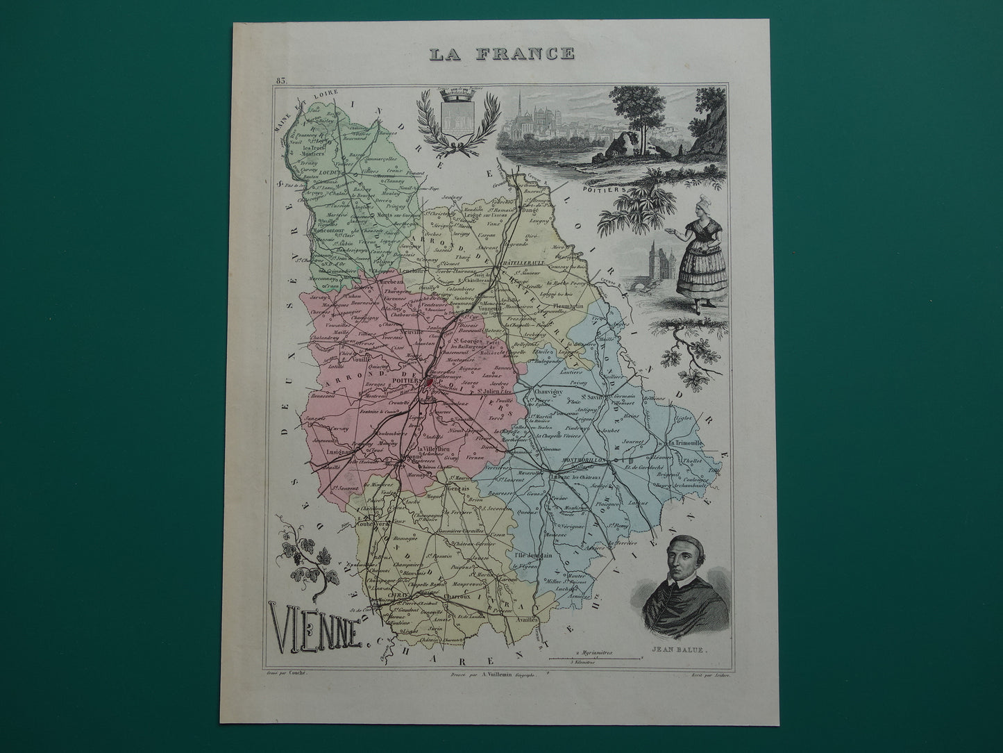 Oude kaart van VIENNE departement in Frankrijk uit 1872 originele antieke handgekleurde landkaart Poitiers