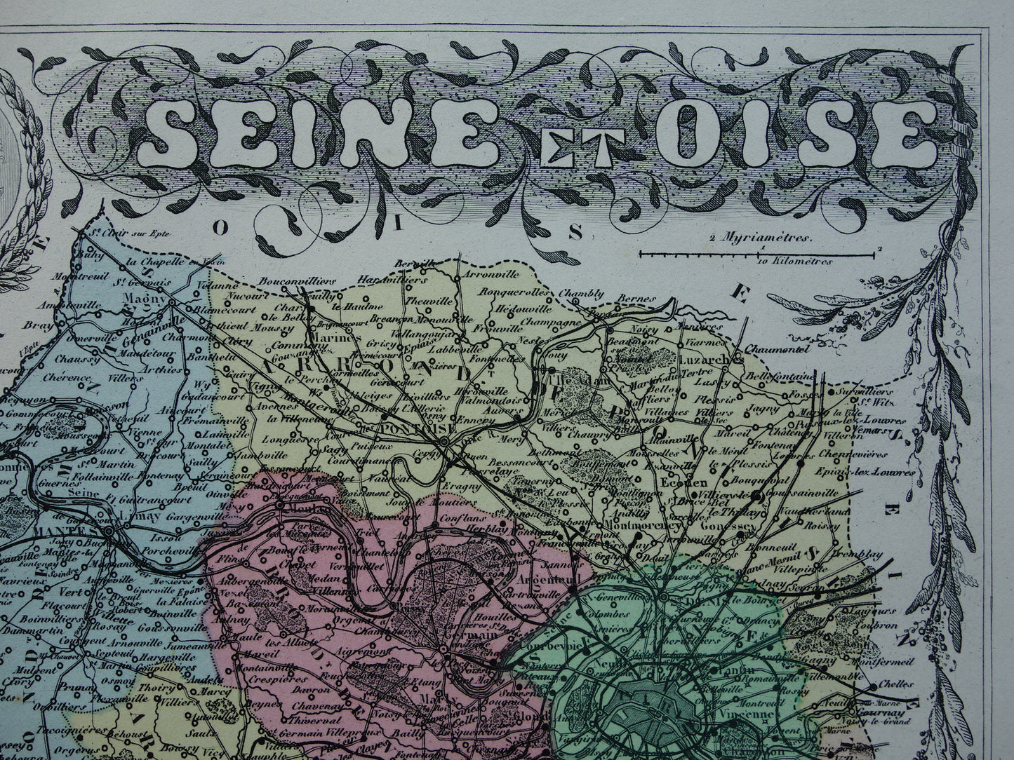 Kaart van regio Parijs en Versailles uit 1872 originele antieke oude handgekleurde landkaart Seine-et-Oise departement