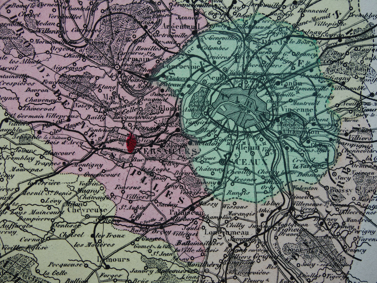 Kaart van regio Parijs en Versailles uit 1872 originele antieke oude handgekleurde landkaart Seine-et-Oise departement