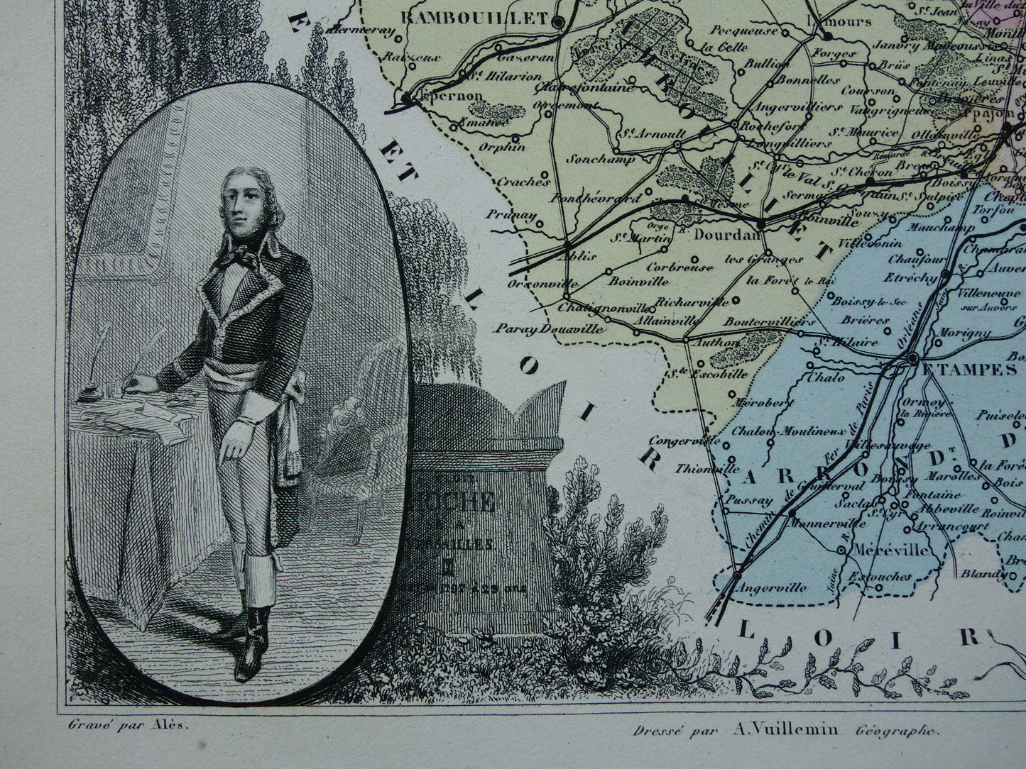 Kaart van regio Parijs en Versailles uit 1872 originele antieke oude handgekleurde landkaart Seine-et-Oise departement