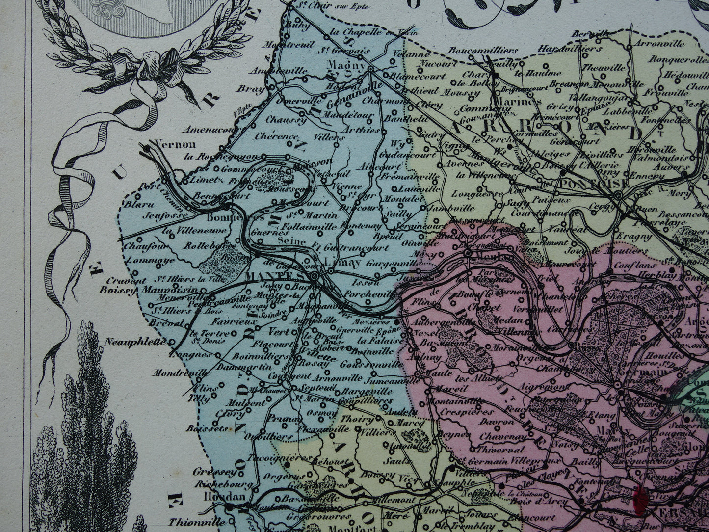 Kaart van regio Parijs en Versailles uit 1872 originele antieke oude handgekleurde landkaart Seine-et-Oise departement