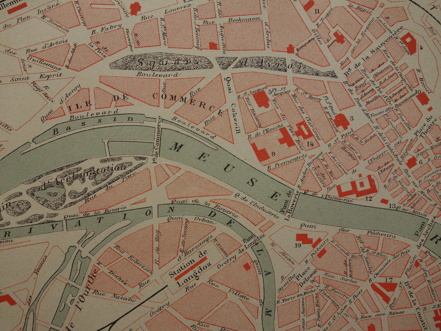 Luik oude kaart van Luik België uit 1879 originele antieke Franse plattegrond carte de Liège